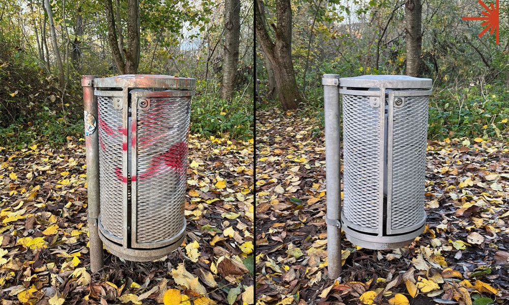 Laserafrensning af graffiti på skraldespand