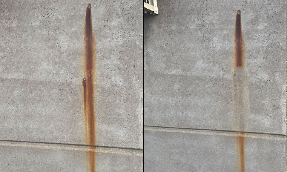 Laserafrensning af rust på betonfacade